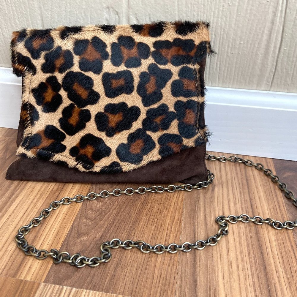 Vaneli Leopard Print Crossbody Bag with Brown Suede Trim